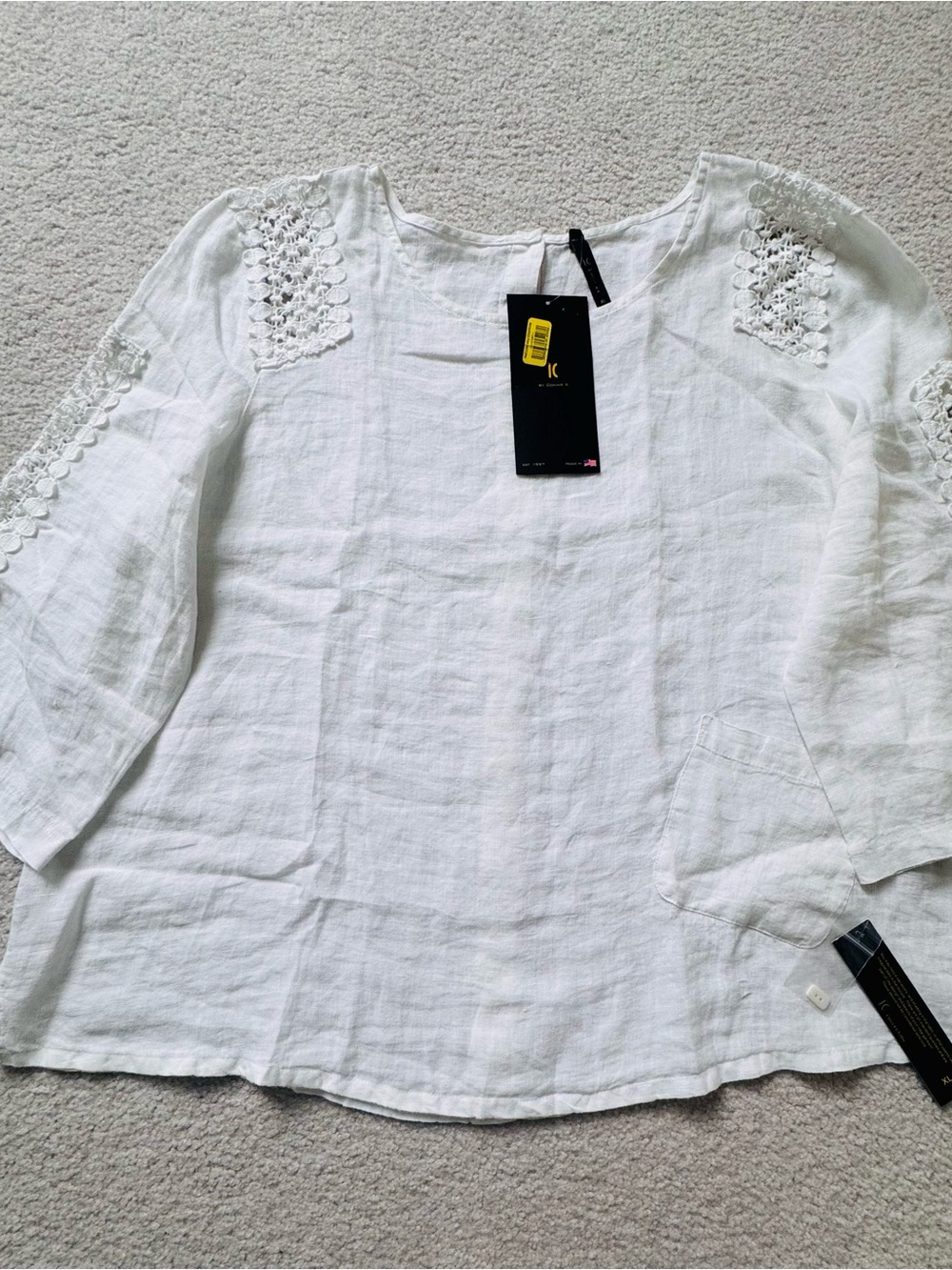 I.C. Women’s White Linen Top with Crochet-Trim Sleeves